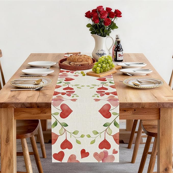 Valentines Day Table Runner 13x48 Inch, Floral Love Hearts Valentine Table Runner, Anniversary Home Kitchen Dining Table Holiday Party Decorations