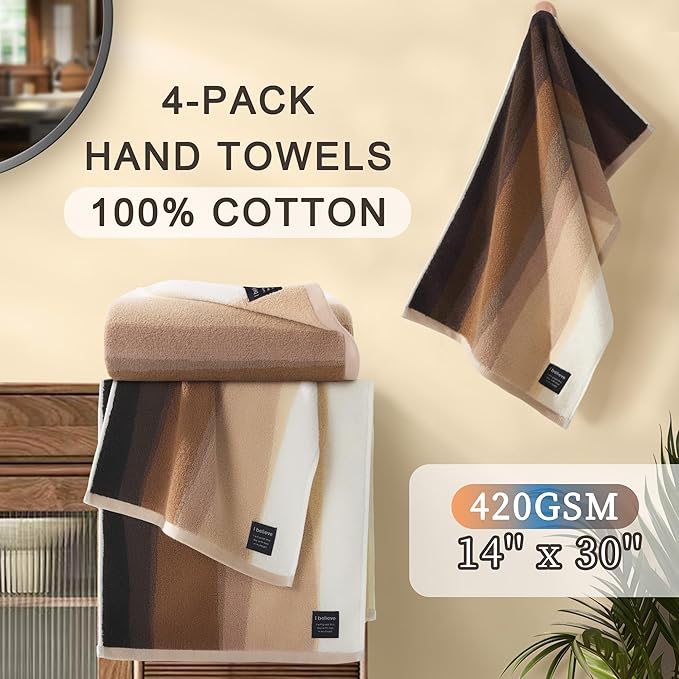 VOOVA & MOVAS Brown Hand Towels - 100% Cotton | 420GSM | Soft | Absorbent | Long-Lasting, Bathroom Hand Towels Set of 4, 14"x30", Decorative Towel for Bathroom, Towels Gift Set, Beige and Brown
