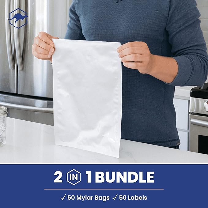 Wallaby 50 Count 1-Gallon Mylar Bags with Labels, 10 Mil Total Thickness Long-Term Food Storage Pouches, 10x14 Heat-Sealable Airtight Packaging - Silver