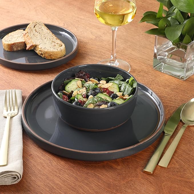 Gibson Elite Northrock Stoneware Dinnerware Set, 12-Piece Service for 4 Plates and Bowls Set ??Charcoal Blue Dishes with Hand-Painted Terracotta Base