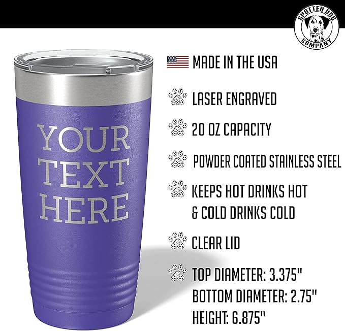 Personalized 20oz (17 Colors) Powder Coated Insulated Stainless Steel Tumbler with Lid, Custom Etched, Customized Text Message Name, Engraved Gift Idea Women Men Him Her, Your Text Here (Purple)