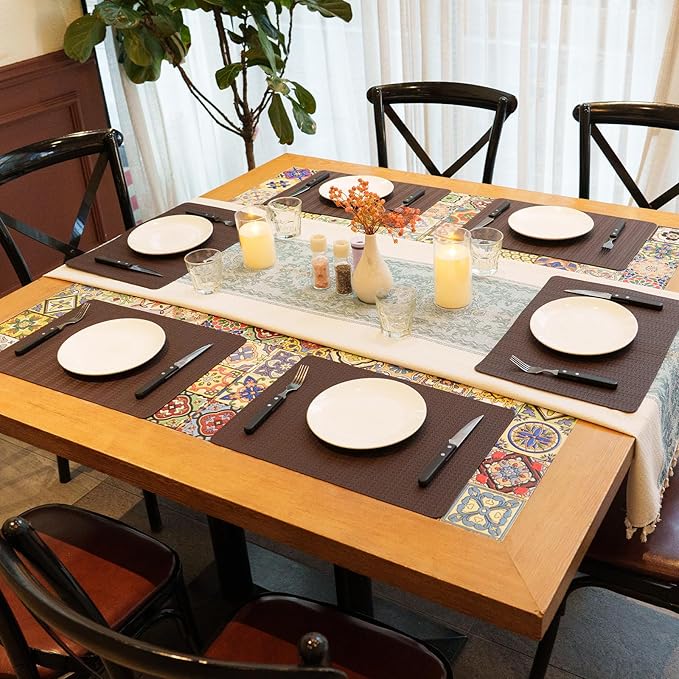 PROMATTOO Faux Leather Placemats Set of 6 – 17x12 Inch Vinyl Table Mats, Heat Resistant, Non Slip, Wipeable & Washable, Easy to Clean Dining Table Decor for Kitchen & Dining Room （Dark Brownish Black）