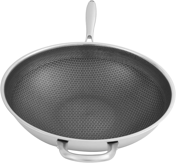 SUS 316 Stainless Steel Wok, Nonstick Frying Pan & Skillet with Lid, Induction Compatible Cookware, Honeycomb Wok Pan for Stir-Frying Saut챕ing Home Kitchen Camping Cooking (36cm)