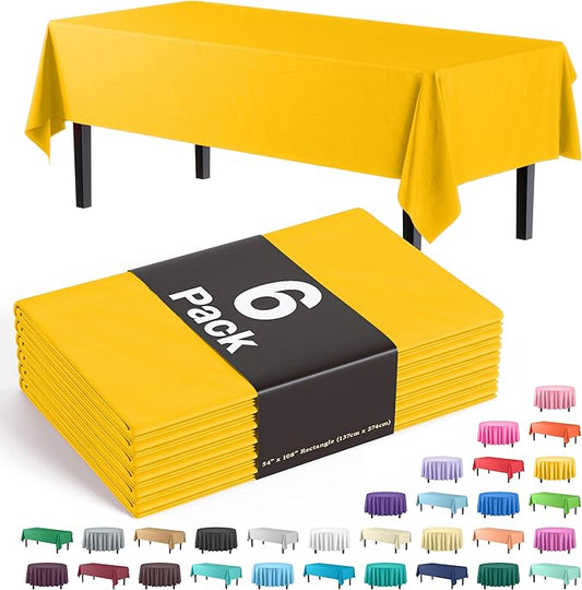 Exquisite Party Solids 6-Pack Premium Plastic Tablecloth 54in. x 108in. Rectangle Plastic Table Cover - Yellow