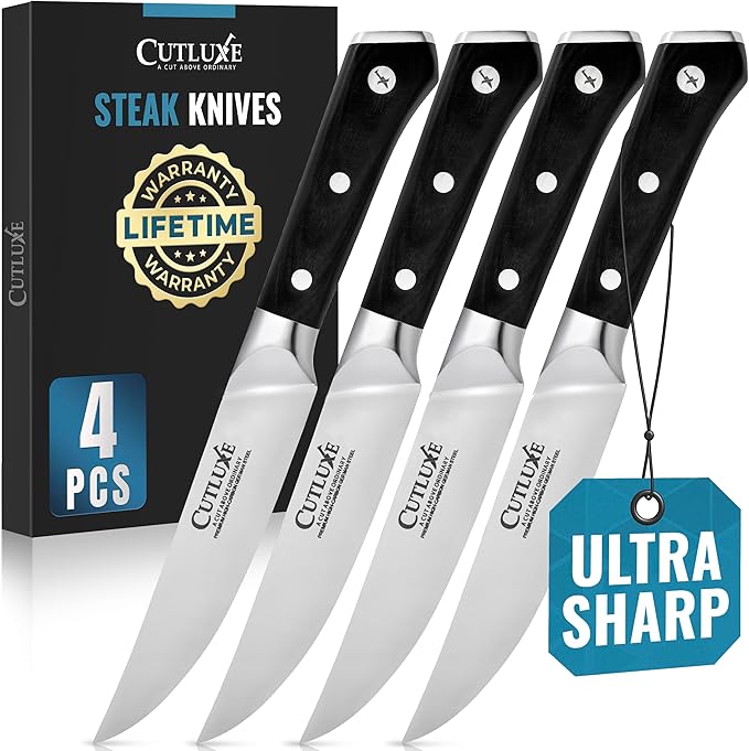 Cutluxe Steak Knives Set of 4, Straight Edge Steak Knife Set ??Forged High Carbon German Steel, Full Tang, Ergonomic Handle Design ??Artisan Series