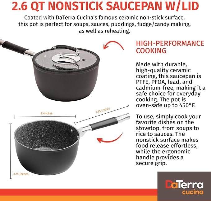 DaTerra Cucina - 2.6 Qt Nonstick Ceramic Saucepan with Lid ??Induction Compatible Cooking Pot, Nonstick Ceramic Sauce Pan for Soup, Pasta, Milk, and More, Medium Size for Kitchen, Oven Safe