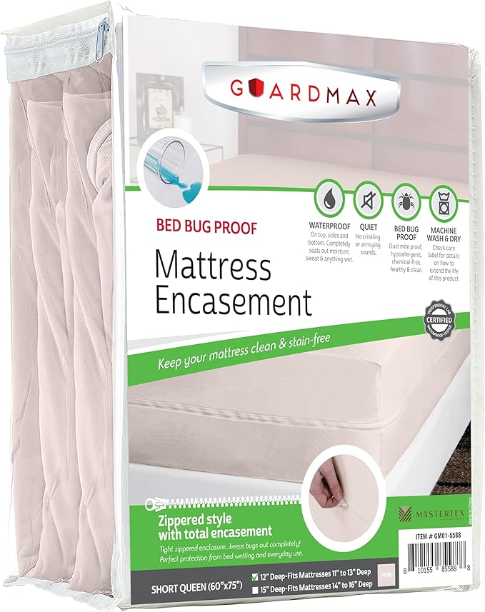 Guardmax Jersey Knitted Short Queen Zippered Mattress Encasement - Waterproof & Bed Bug Proof Mattress Protector - Comfortable, Soft, and Noiseless Zippered Bedding - Dust Mite Proof (60 x 75 x 12)