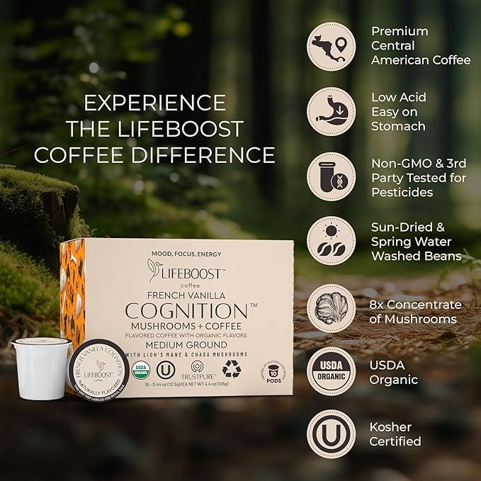 Lifeboost French Vanilla Cognition Mushroom Coffee Pods - Low Acid Organic K-Cups with Lion?셲 Mane & Chaga Nootropic Mushrooms for Focus, Energy & Immune Support - 10 Count
