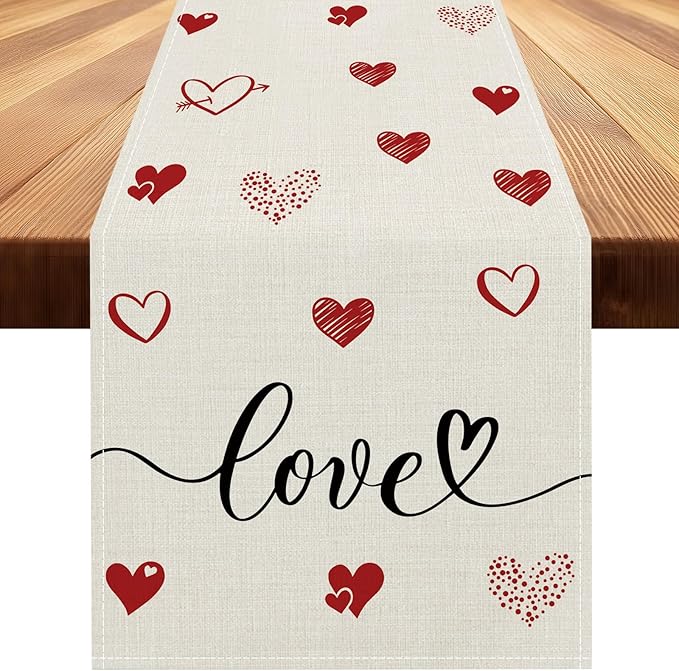 Valentines Day Table Runner 13x90 Inch, Love Hearts Valentine Table Runner, Anniversary Home Kitchen Dining Table Holiday Party Decorations (White)