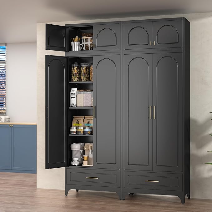 Kitchen Pantry Cabinet, 90" Tall Metal Pantry Cabinet, Food Cupboards with One Drawer, Freestanding Storage Cabinets for Dining, Living Room, Black,16" D x 32" W x 90" H, Assembly Required