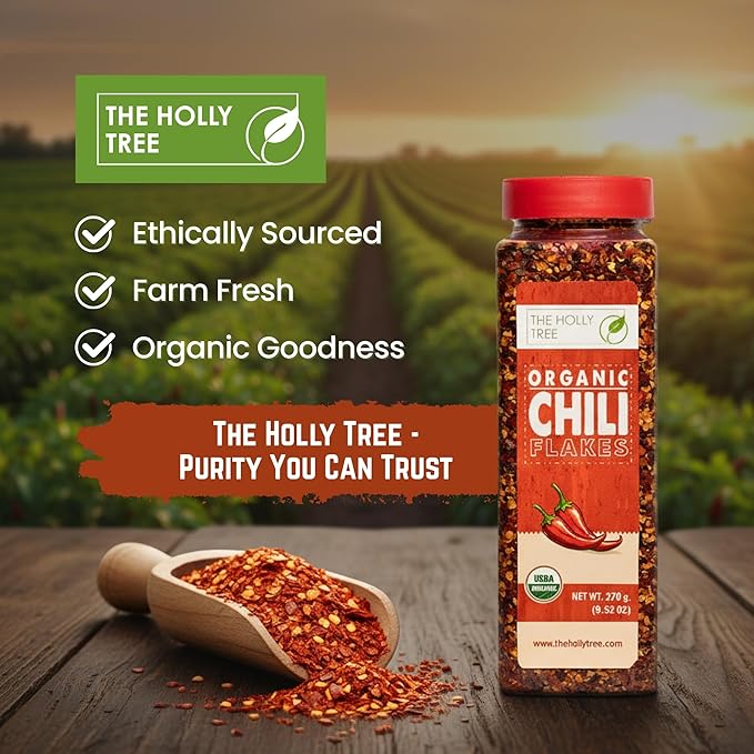 Crushed Red Pepper Flakes Organic 9.52 oz - Chili Flakes Seasoning for Cooking - 100% Pure and Natural, USDA Organic, Kosher, Non-GMO Seasoning for Cooking and Dressigns - The Holly Tree