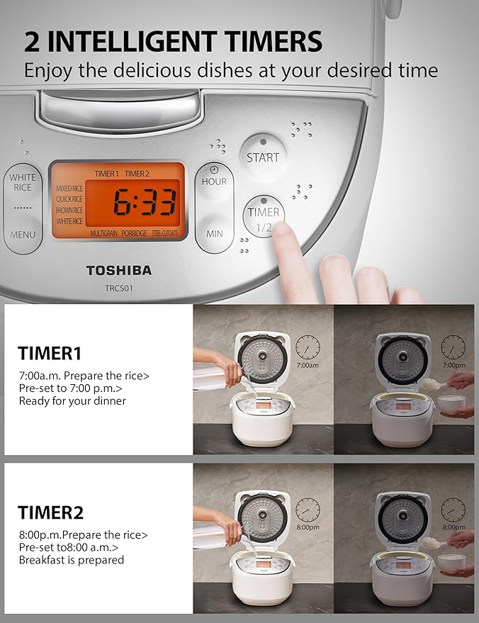 Toshiba Rice Cooker 6 Cup Uncooked ??Japanese Rice Cooker with Fuzzy Logic Technology, 7 Cooking Functions, Digital Display, 2 Delay Timers and Auto Keep Warm, Non-Stick Inner Pot, White