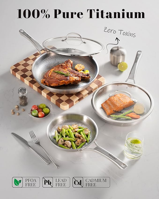 Titanium Pan, 12 Inch Pure Titanium Hammered Pro with Lid, Non Stick Skillet for Cooking, Non-Toxic, PFAS/PFOA/PTFE Free Cookware, Dishwasher&Oven Safe, Kitchen Induction Compatible