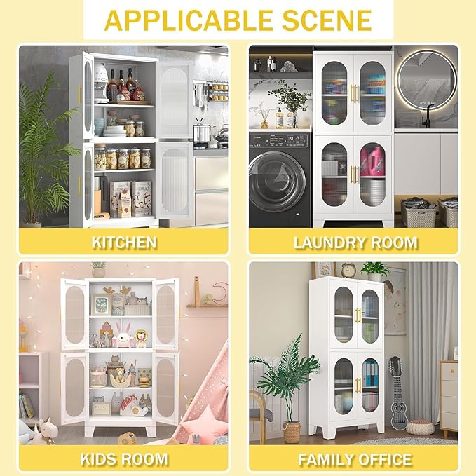 61" Pantry Storage Cabinet, Pantry Cabinets with Acrylic Glass Doors and Adjustable Shelves, Metal Kitchen Pantry Cabinet for Kitchen, Living Room, Laundry Room and Dinning Room