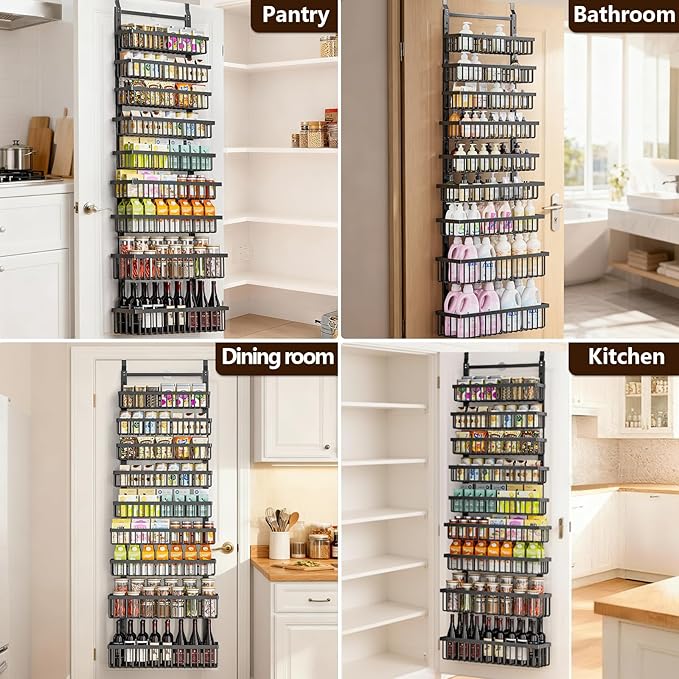 9 Tier Over The Door Pantry Organizer, 2 in 1 Wall Mount or Hanging Spice Rack with Adjustable Basket, Seasoning Organizer and Storage for Kitchen Cabinet Closet Bathroom