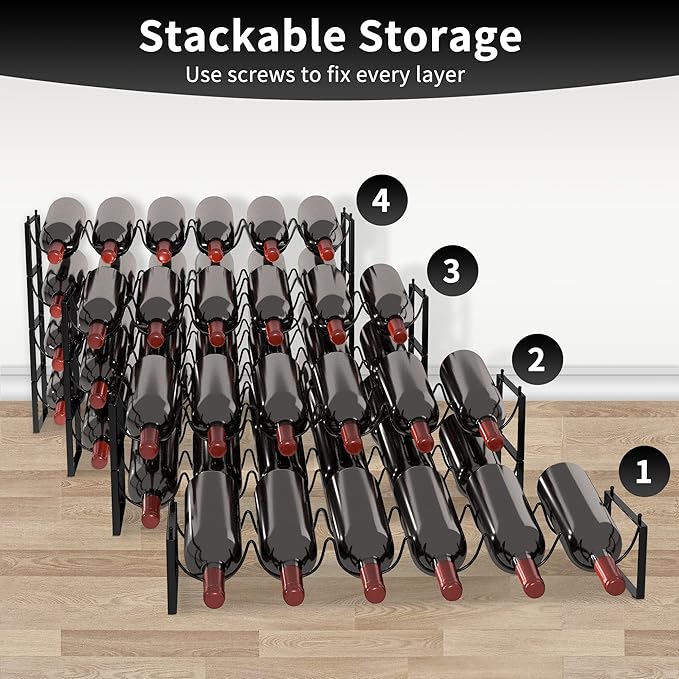 TONLEA 4 Tier Wine Rack - 3-in-1, Stackable, 24-Bottle Wine Storage Rack for Cabinet or Pantry (Dark Black, Version 3.0)