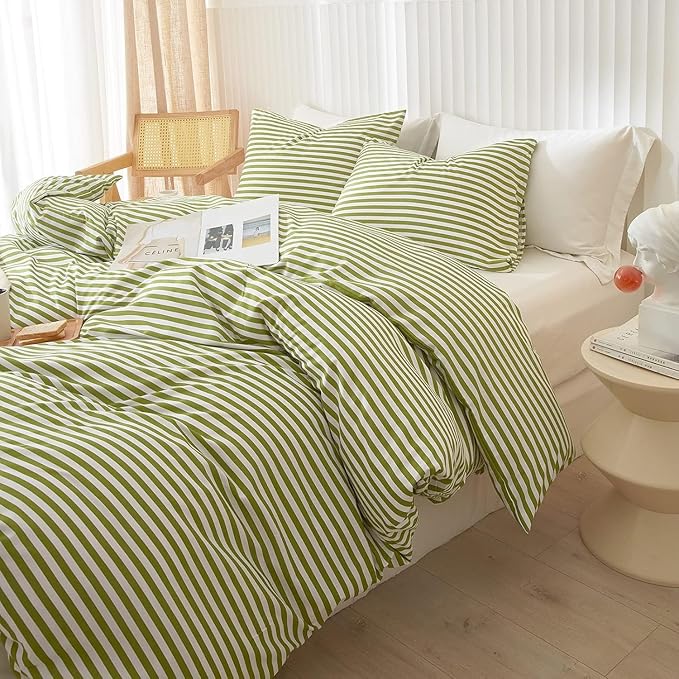 LifeTB King Size Comforter Set Modern Striped Comforter Set King Green White Stripes Pattern Comforter 3 Pieces Lightweight Bedding Comforter Set Boho Stripe Soft Fluffy Comforter with 2 Pillowcases