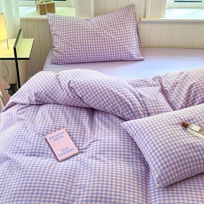 LifeTB Purple Gingham Comforter Set King Modern Plaid Checkered Pattern Comforter Soft Gingham Bedding Set Lightweight Purple Pink Grid Plaid Bedding Comforter Fluffy Checkered Comforter Set