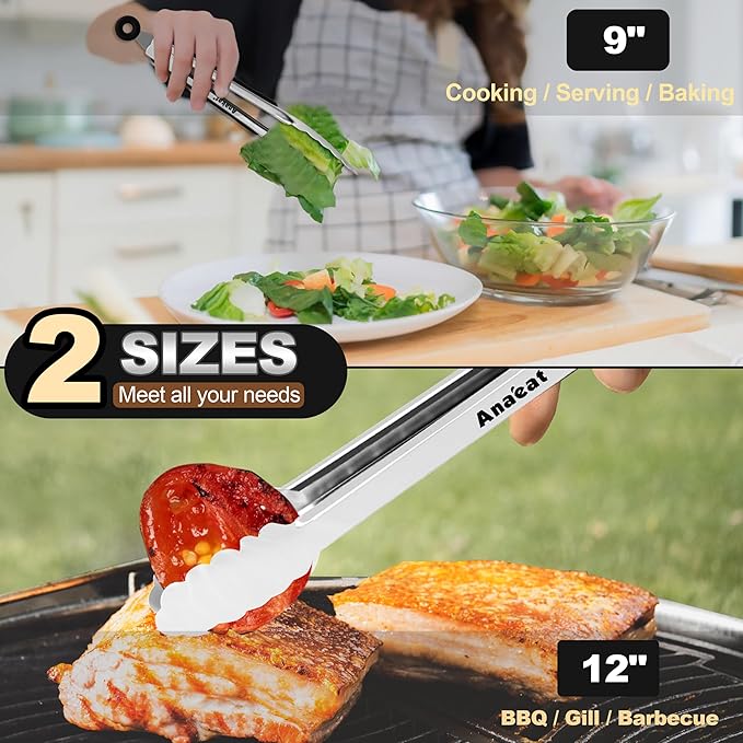 Anaeat Premium Stainless Steel Kitchen Tong Set of 2 - Sturdy Coiled Spring 9" and 12" Locking Food Tong with Non-Slip Silicone Grip for Cooking, Baking, Grilling, BBQ - Heat Resistant up to 480째F