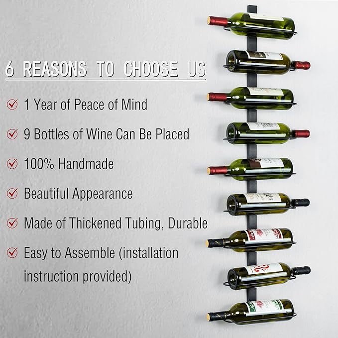 Wall Mounted Wine Rack: 9 Bottle Metal Wine Holder - Wall Wine Storage Organizer Shelf