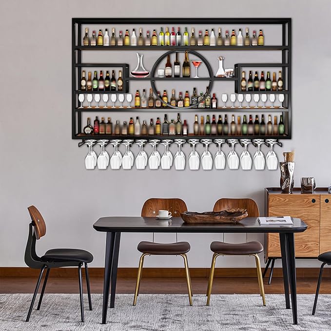 47in Wine Rack Wall Mounted, Large Capacity Hanging Wine Bottles Display Shelf with Glasses Holder, 4 Tier Industrial Bar Liquor Storage Shelves for Home Bar Kitchen,Living Room (Black, 47in/120cm)