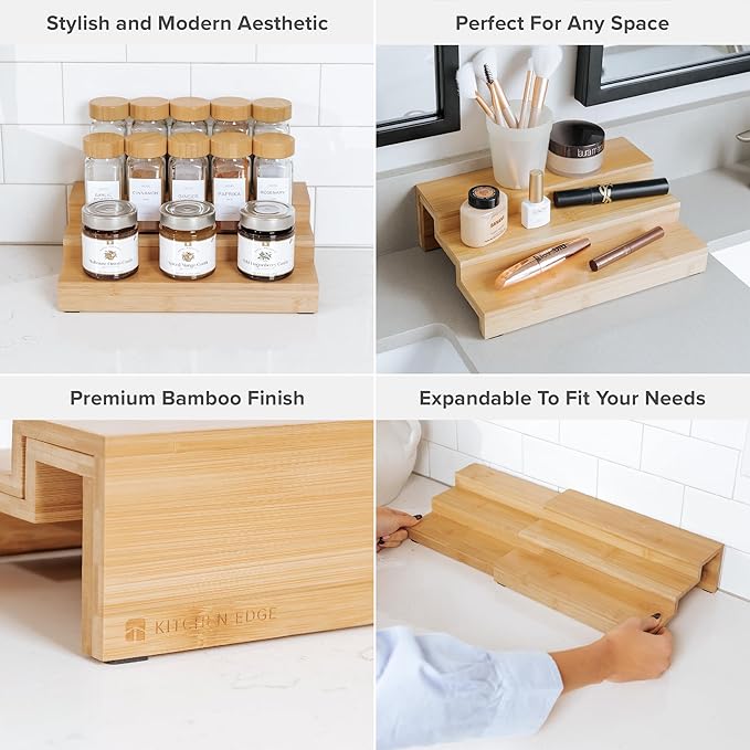 KitchenEdge Expandable Spice Rack Organizer for Cabinet, 3-Tier Shelf for Spice Organization (11??to 22??, Fits 36 Spice Jars, Seasoning and Pantry Storage, Non-Slip Feet, 100% Bamboo Wood