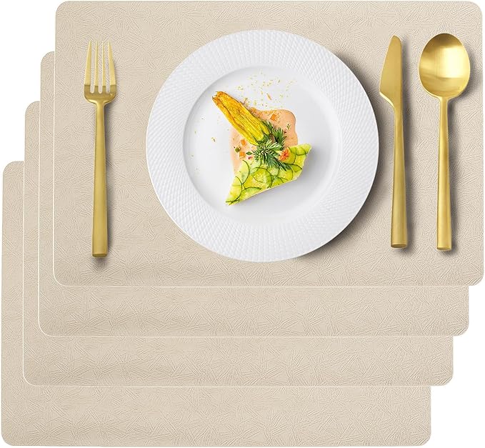 Uolr Vinyl Placemats Set of 4 Faux Leather 100% Waterproof Wipeable Washable Place Mats Heat Resistant Easy Clean Non-Slip Table Mats for Indoor Outdoor. (4,Beige)