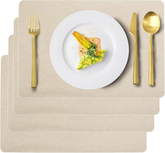 Uolr Vinyl Placemats Set of 4 Faux Leather 100% Waterproof Wipeable Washable Place Mats Heat Resistant Easy Clean Non-Slip Table Mats for Indoor Outdoor. (4,Beige)