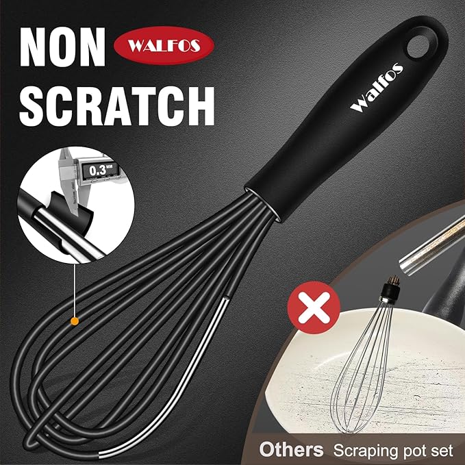 Walfos Whisk 5+7in/12cm+17cm Mini Whisk,Silicone Whisks Non Scratch Heat Resistant (480째F). Nice for stirring individual eggs and mixing small amounts of powder and sauce.Dishwasher Safe.Black