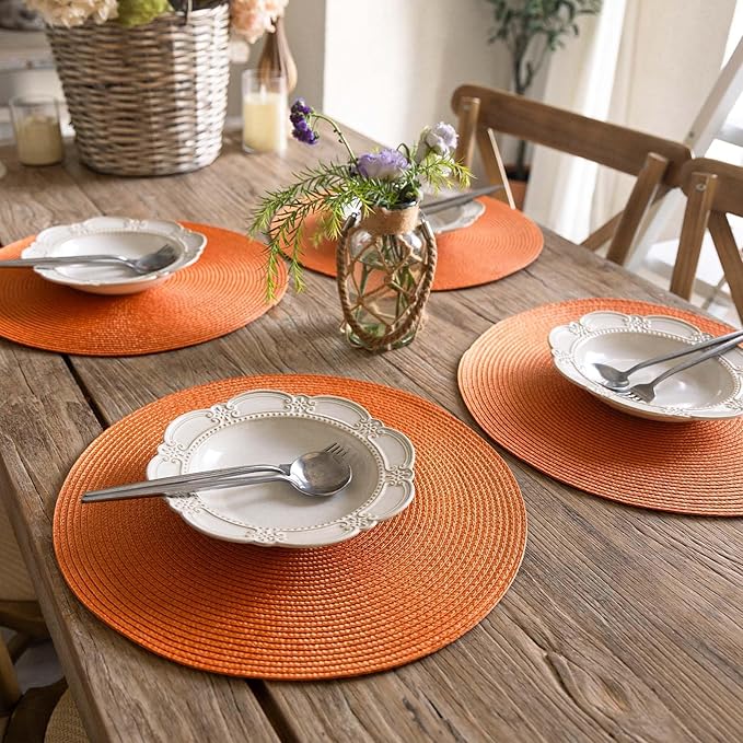 FunWheat Round Braided Placemats Set of 4 Table Mats for Dining Tables Woven Washable Non-Slip Place mats 15inch (Orange, 4pcs)