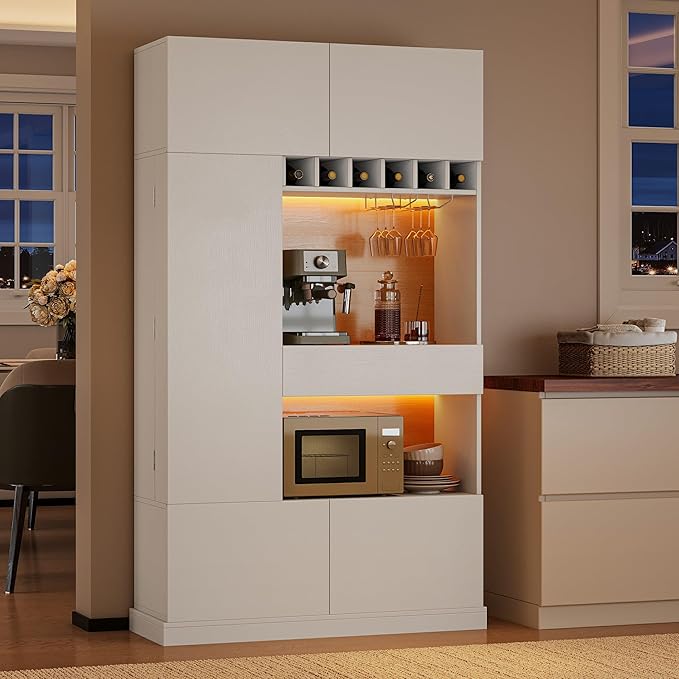 iPormis 69" Tall Kitchen Pantry Storage Cabinet with LED Lights & Microwave Stand & Wine Rack, Kitchen Hutch with Door Shelves & Adjustable Shelf & Drawers & Charge Station for Living Room, White