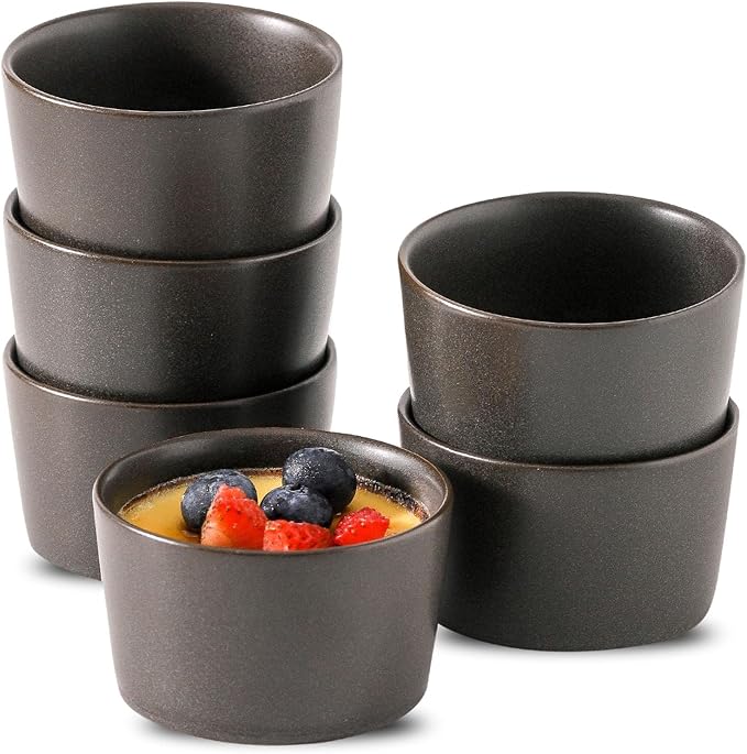 Tikooere Ramekins 2.5 oz,Oven Safe Small Ramekins for Creme Brulee,Souffle,Black Ramkeins for Baking,Ceramic Mini Ramkeins Set of 6,Custard cups for Kitchen,Matte Black