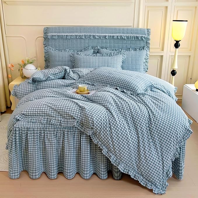 LifeTB Blue Gingham Comforter Set Full Size Ruffle Plaid Grid Bed Comforter Set with 2 Pillowcases Lightweight Gingham Bedding Set Soft Fluffy Farmhouse Plaid Checkered Pattern Comforter Full Size