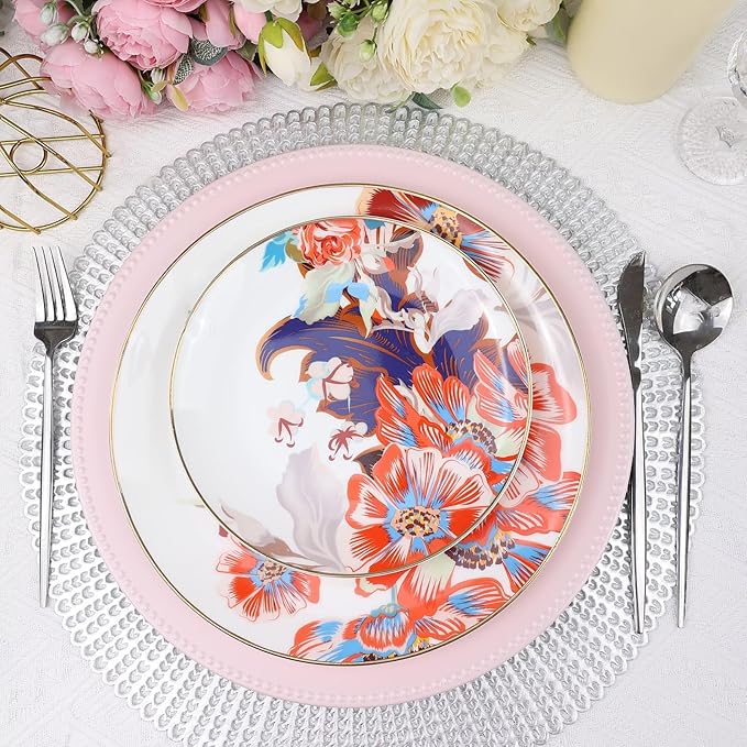 Set of 12 Plastic Pink Charger Plates, Elegant Chargers for Table Dinner Decoration, Wedding, Holiday,13"
