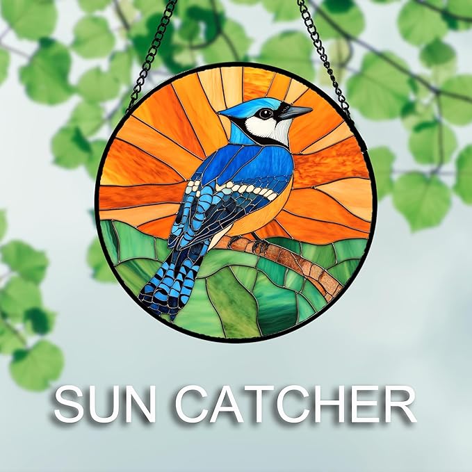 Stained Glass Window Hanging 4 Pcs Set Birds Large 11.8" - Cardinal Blue Jay Suncatcher Door Garden Sun Catcher Decor Birthday Christmas for Bird Lovers Mom Woman Nana Men