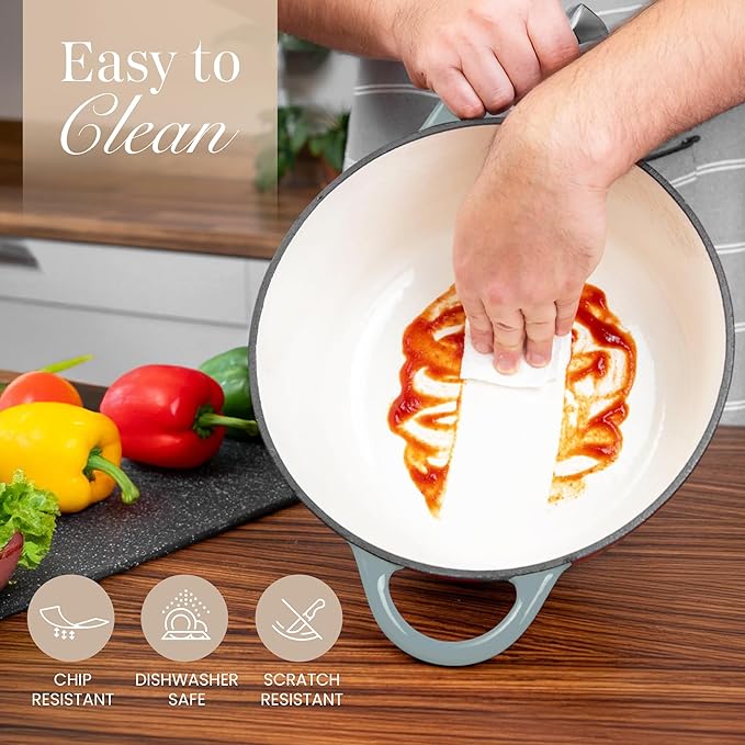 Nuovva Enamelled Cast Iron Dutch Oven Pot with Lid 6.4 Quart Non Stick Casserole Pot ??Heavy Duty & Oven Safe up to 500째 F for Bread Baking, Braising, Stews, Roasting ??28cm Sea Salt