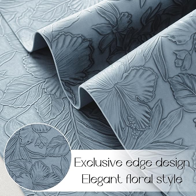 Romanstile Vinyl Placemats Set of 8-12 X 18 Inch - Heat Resistant Non-Slip Embossed Floral Place Mats 100% Waterproof Oilproof Wipeable Faux Leather Table Mats for Kitchen/Dining/Party, SkyBlue