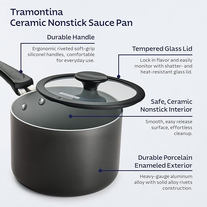 Tramontina Ceramic Non Stick 6-Piece Nesting Sauce Pan Set with Lids - Stackable Nonstick Cookware Set, Dishwasher and Oven Safe, Dark Gray