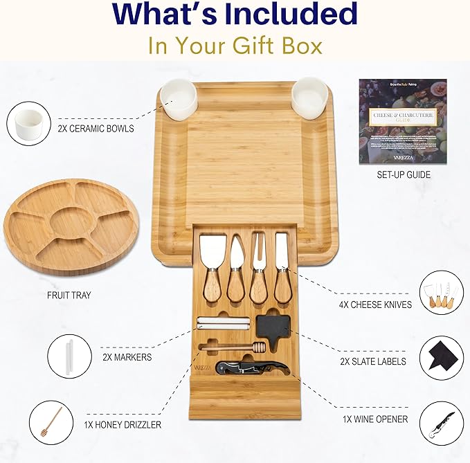 Large Charcuterie Boards Gift Set: Bamboo Cheese Board and Knife Set, Cheese Tray- Unique for Mom, 10 Host Accessories, House Warming, Christmas Gifts New Home, Wedding Gifts for Couple