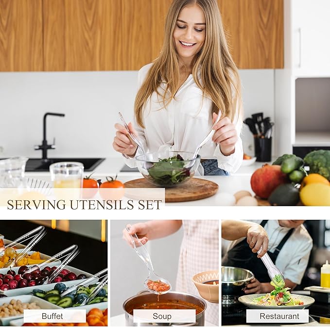 Mwellewm 48Pcs Plastic Serving Utensils 9'' Disposable Serving Spoons for Buffet Clear Forks Serving Tongs Heavy Duty Large Party Utensils Supplies for Restaurant Food Dinner Salad Noodles Soup