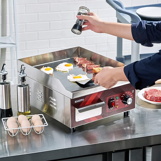EGGKITPO 14 Inch Electric Griddle, Non-Stick Flat Top Grill Commercial Electric Countertop Griddles Stainless Steel Adjustable Temperature Control 90??575??for Home or Restaurant Use