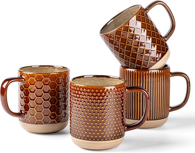 GBhome Large Coffee Mugs Set of 4, 12oz Handmade Stoneware Coffee Mugs Set with Large Handle for Cappuccino/Latte/Tea/Hot Cocoa, Dishwasher & Microwave Safe, Caramel