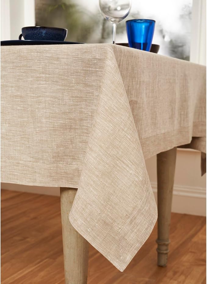 Solino Home Linen Tablecloth 60 x 132 Inch - 100% Pure Linen Champagne Beige Table Cloth for Rectangle Tables - Athena, Machine Washable Tablecloth for Spring, Easter