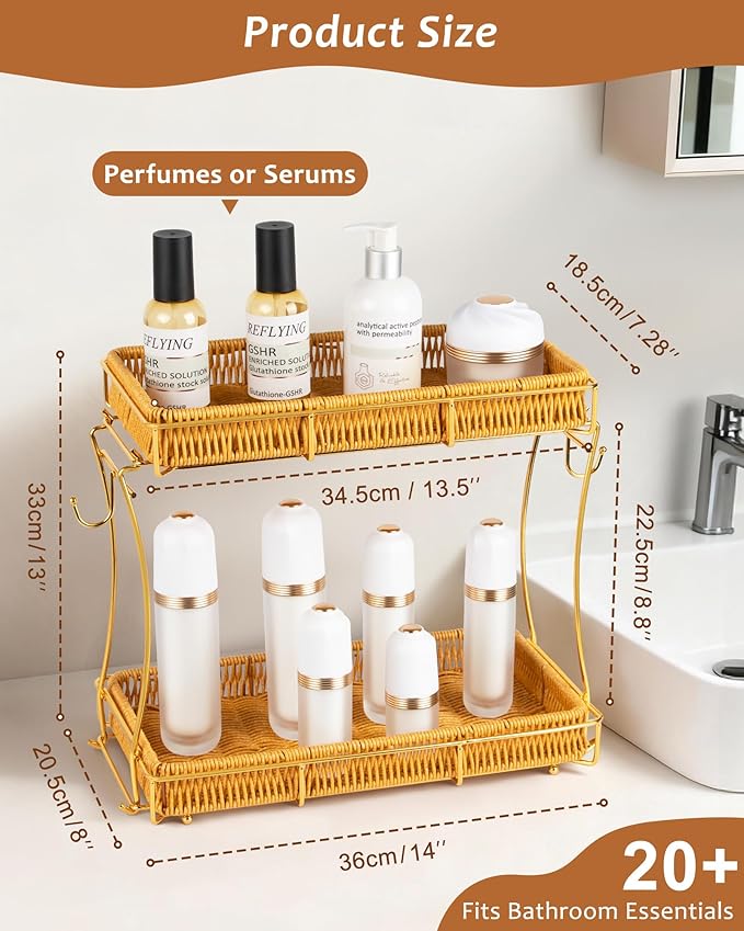 Bathroom Organizer Countertop Perfume Organizer Makeup Organizer Cosmetics Storage Display Rack Vanity Tray, Handwoven Imitation Rattan Tray Perfume Holder for Dresser, Kitchen, Counter (Gold)