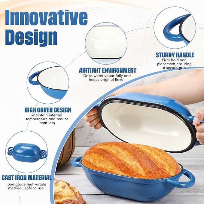 Maxdot 4qt Dutch Oven with Lid Enameled Cast Iron Sourdough Bread Pan for Christmas Baking Non Stick Single with Loop Handles for Christmas Family Homemade Breadbaking(Blue)