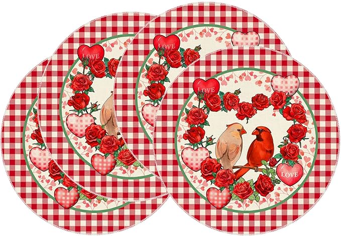 XCHI Plaid Roses Flowers Love Hearts Cardinal Valentine's Day Round Placemats Set of 4 Table Mats for Party Home Kitchen Dining Table Decorations 14x14 Inch