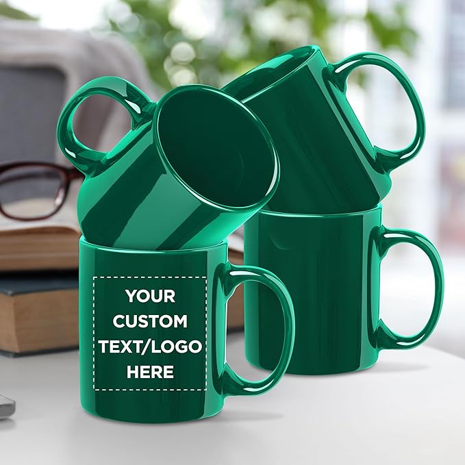 Custom Ceramic Coffee Mugs 11 oz. Set of 50, Personalized Bulk Pack - Coffee cup set, Iced coffee cup, Gaming mug - Green