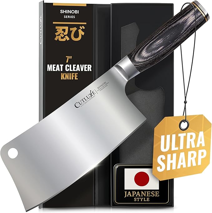 Cutluxe Meat Cleaver Knife ??Ultra Sharp 7" Meat Cleaver, Butcher Knife, High Carbon Stainless Steel Blade, Full Tang Pakkawood Handle ??Shinobi Series