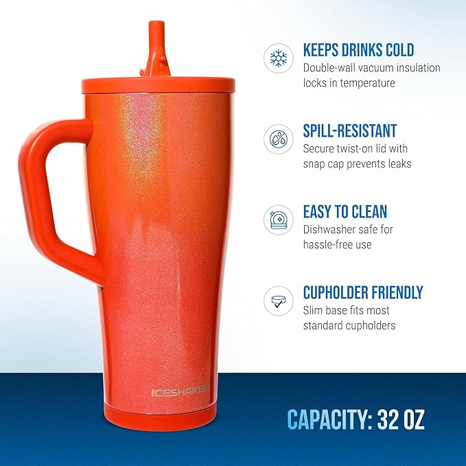 Ice Shaker 32 oz Tumbler with Handle and Straw | 32oz Show Girl | Cold for 30+ Hours | 2-in-1 Tumbler Shaker Bottle | Odor-Free 32 ounce Bottle for Water, Protein Shakes, Smoothies, Cocktails