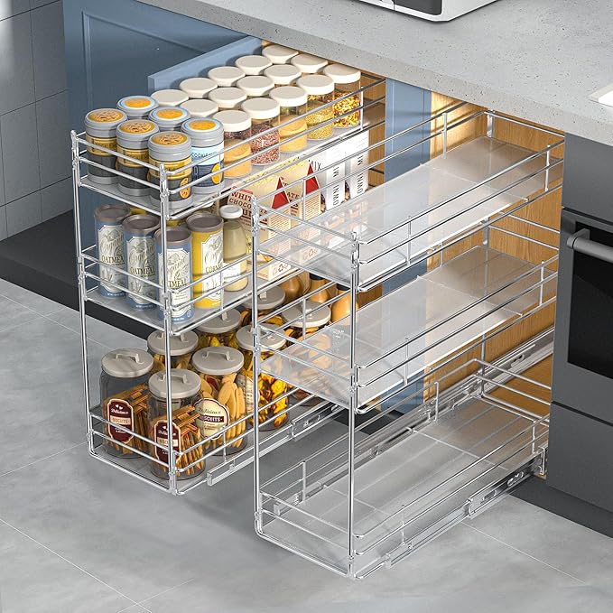 ROOMTEC Pull Out Spice Rack for Narrow Cabinet (7" W X 20쩍" D),3 Tier Heavy Duty Sliding Spice Cabinet Organization Shelf Racks, Pull Out Shelves Under Cabinet Storage for Kitchen